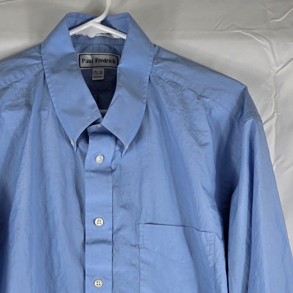 Paul Fredrick Mens‎ Blue Cotton Broadcloth Dress Shirt 17.5 34 Imperial 100s